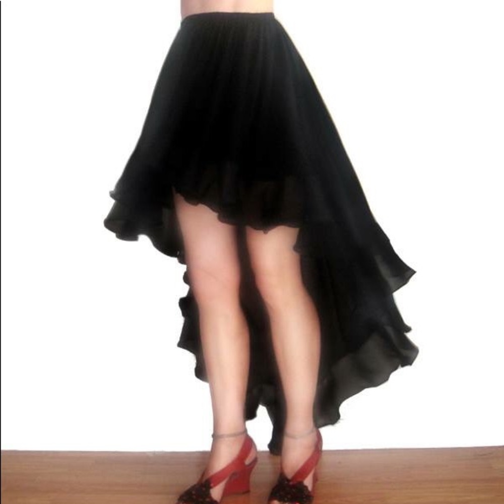 Ameynra high low skirt. Black rayon with chiffon ruffle. All sizes in stock